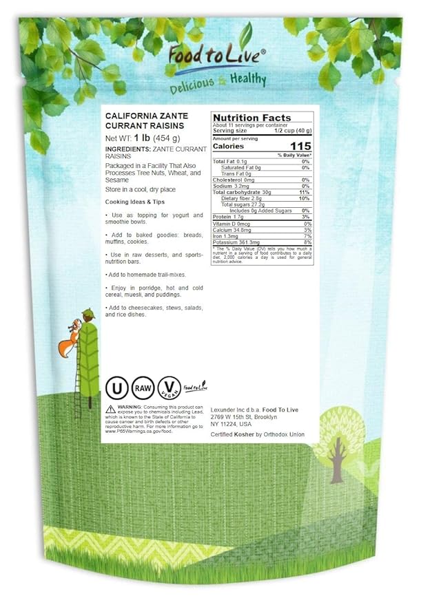 California Zante Currant Raisins, 1 Pound - Sun-Dried Seedless Grapes, Unsweetened, Unsulfured, No