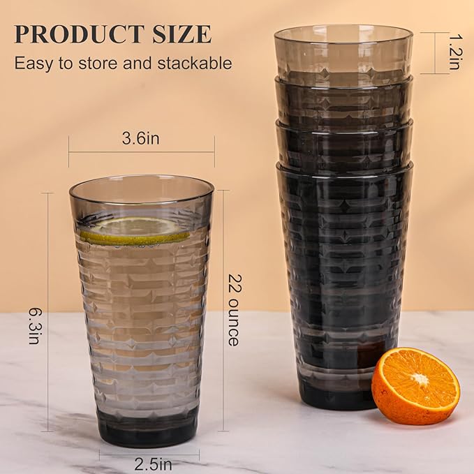 Acrylic Clear Highball Plastic Cups | Plastic Reusable Tumblers 22oz (Set of 6) | Stackable |
