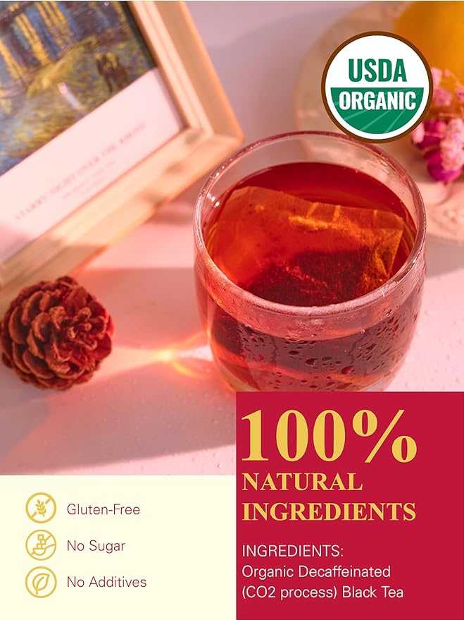 GLDNT Organic Decaf Black Tea Bags, Organic Black Tea Decaffeinated, Smooth Taste, Iced & Hot Tea