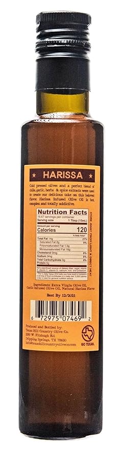Texas Hill Country Olive Co Harissa Infused Olive Oil - Cold Pressed Gourmet EVOO Olive Oil - Great