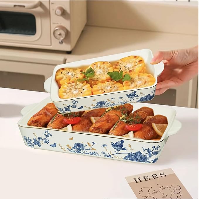 Baking Pans Set of 2 Blue flower 14 inch Ceramic for Oven Large Casserole Baking Dish Set with