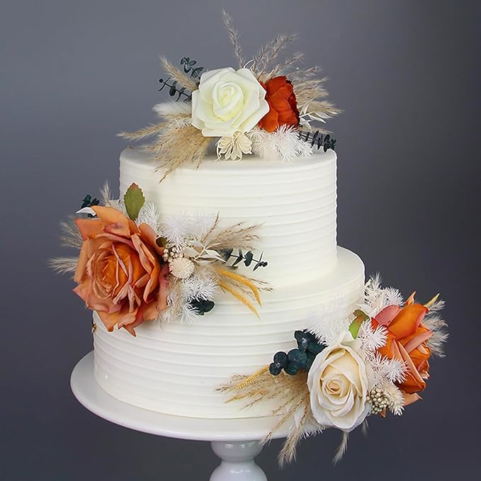 Rinlong 3-Piece Boho Chic Cake Toppers: Terracotta & Beige Silk & Dried Eucalyptus Flowers for