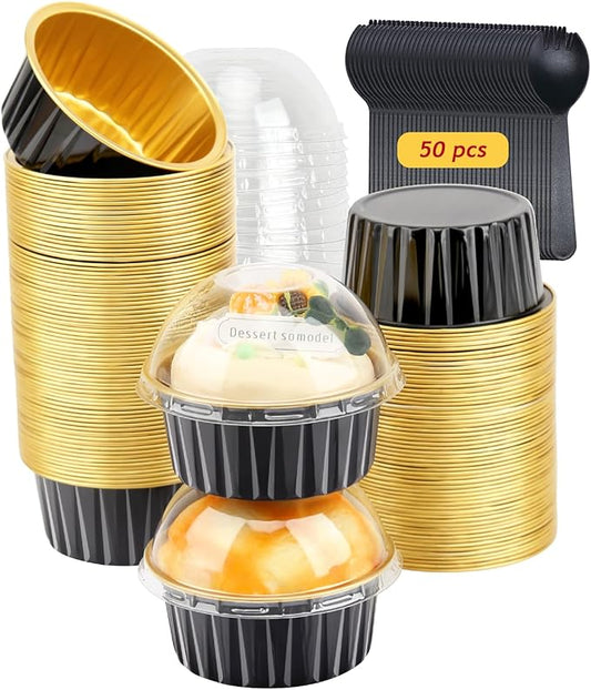 5oz Foil Ramekins with Lids 50 Pack,Free-Air Aluminum Foil Cupcake Liners Muffin Cups,Disposable