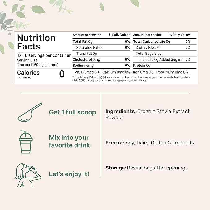 Pure Organic Stevia Powder, 8 Ounces, 1418 Serving, High Grade Stevia Green Leaf Extract Reb-A