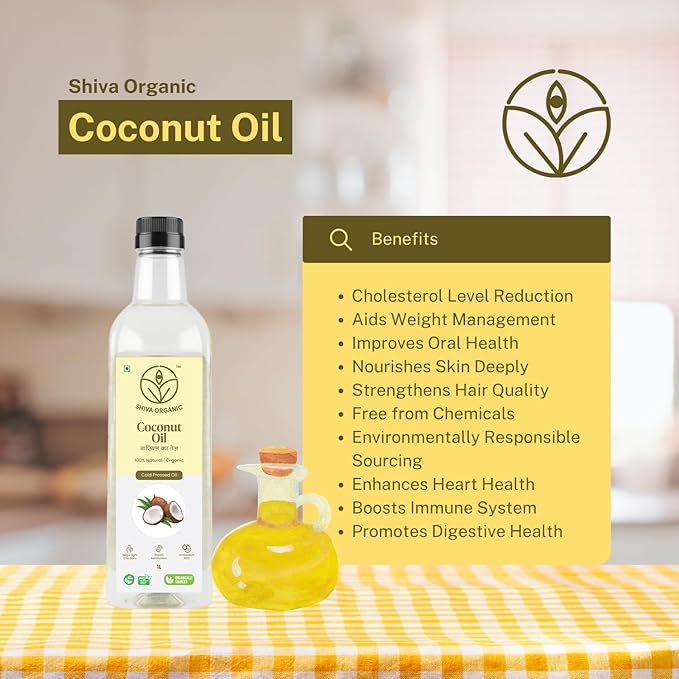 Shiva Organic Cold-Pressed Coconut Oil - 100% Natural, Certified Organic - 1L (33.8 fl oz) for