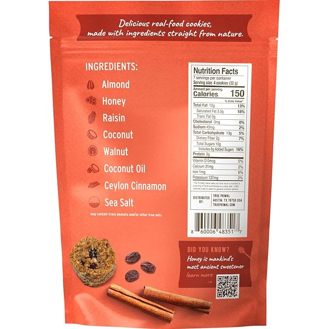 Ona Cinnamon Raisin Cookies 4-pack, Made with Honey, Ready to eat, Gluten free, Grain free, Dairy