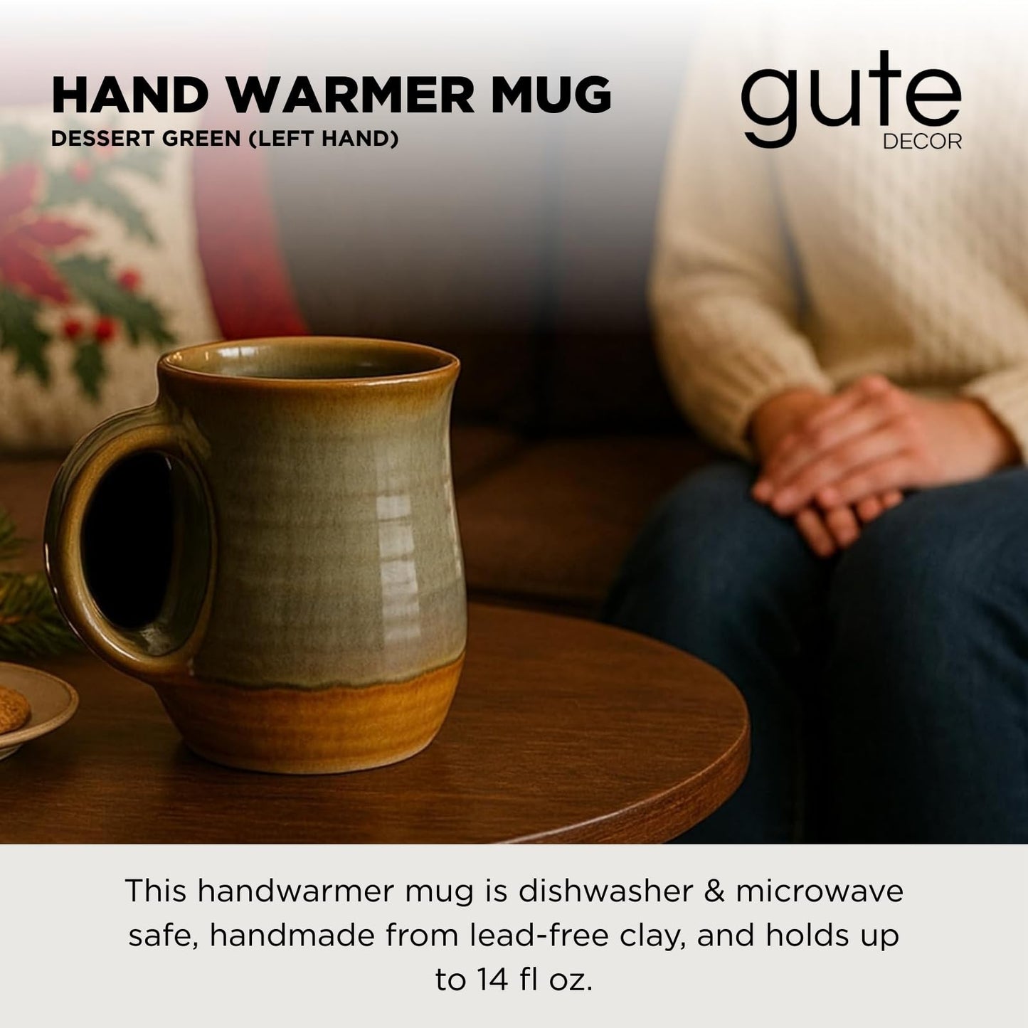 Hand Warmer Mug, Handmade Pottery Ceramic and Hand Painted - The Contoured Pocket will Hold Warmth
