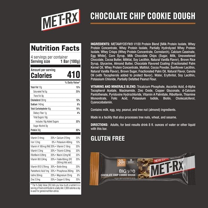 MET-Rx Big 100 Colossal Protein Bars, Chocolate Chip Cookie Dough Meal Replacement Bars, 9 Count