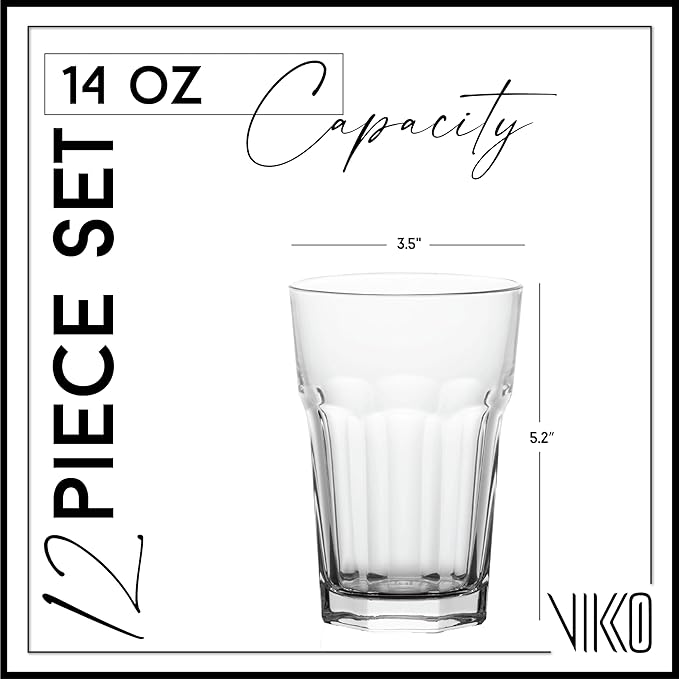 Vikko Large Drinking Glasses, 14 Ounce Glass Cups, Durable Glasses Drinking Set of 12, Stackable