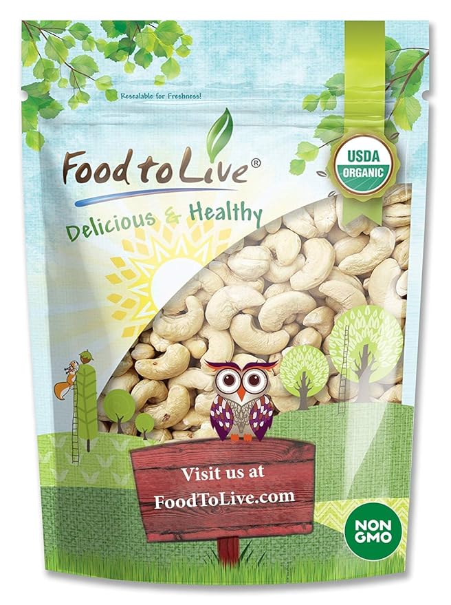 Food to Live Organic Cashews, 8 Ounces ??Whole, Size W-240, Unsalted, Non-GMO, Kosher, Raw, Vegan