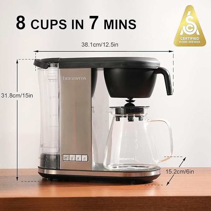 Bonavita Enthusiast 8 Cup Drip Coffee Brewer, Pour Over, SCA Certified Coffee Machine with Glass