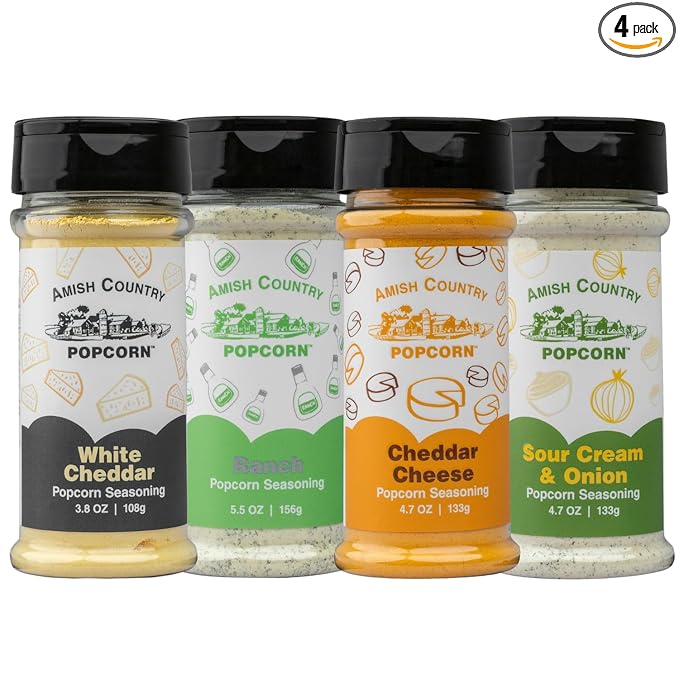 Amish Country Popcorn | Seasoning Variety Pack | 4 Bottles | White Cheddar - Cheddar Cheese - Sour
