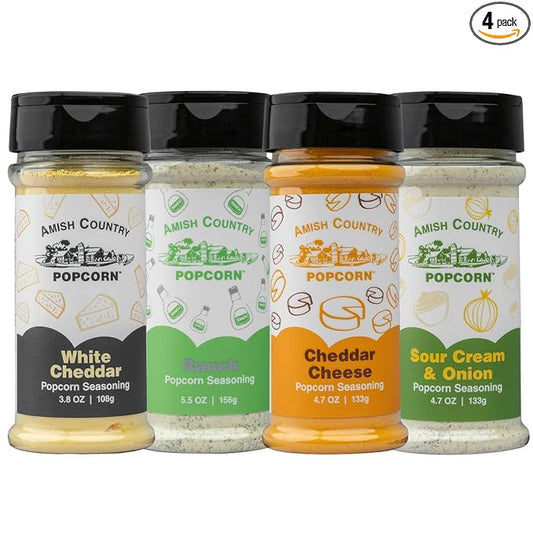 Amish Country Popcorn | Seasoning Variety Pack | 4 Bottles | White Cheddar - Cheddar Cheese - Sour
