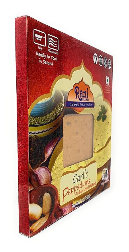 Rani Pappadums (Indian Lentil Wafer Snack) Garlic Papad 7oz (200g) Approximately 15pc, 7 inches