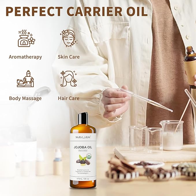 16 Oz Jojoba Oil for Skin, USDA Certified Cold Pressed Jojoba Oil for Hair, Face, Body, Ear