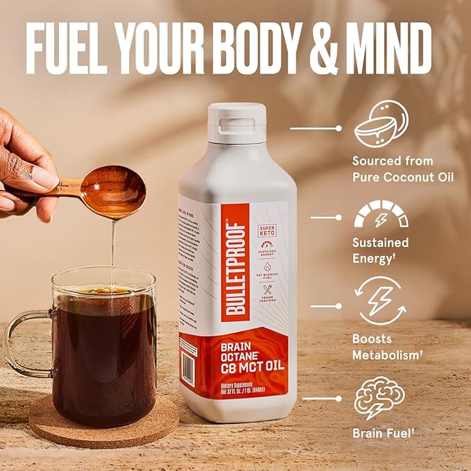 Bulletproof Brain Octane C8 MCT Oil, 32 Ounces (Pack of 2), Keto Supplement for Sustained Energy