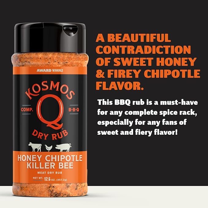 Kosmos Q Honey Chipotle Killer Bee BBQ Dry Rub, Sweet and Spicy Seasoning with Sugar, Chipotle