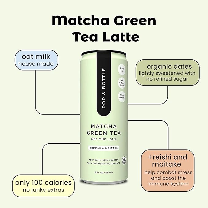 Pop & Bottle, Oat Milk Lattes - Matcha with Reishi and Maitake Mushrooms, Green Tea Latte, MCT Oil