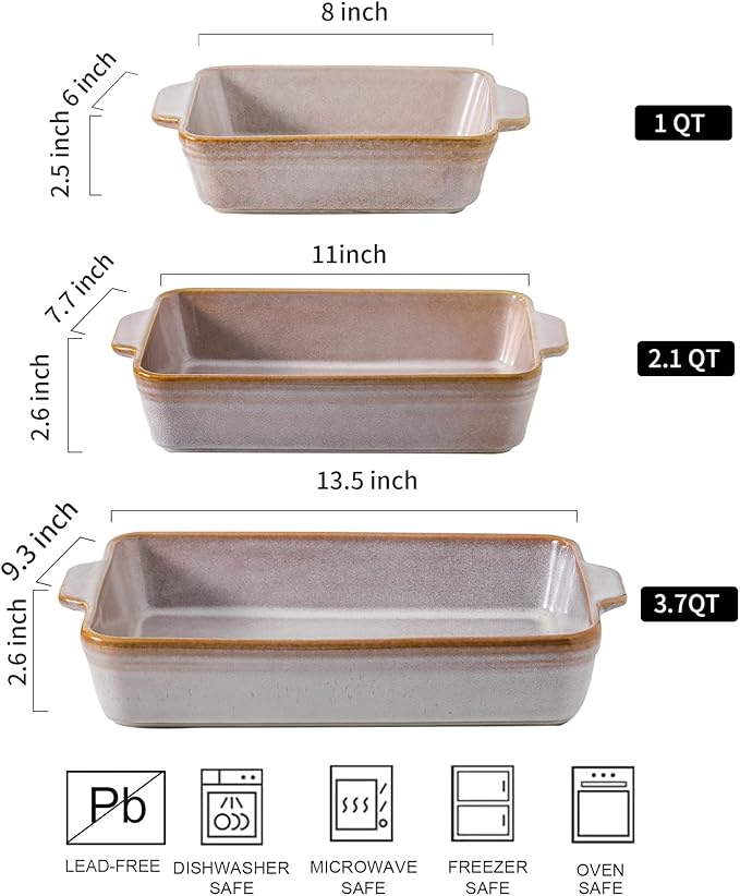 HVH 9x13 Baking Dish Set, Large Casserole Dishes for Oven, Ceramic Bakeware Set of 3, Rectangular