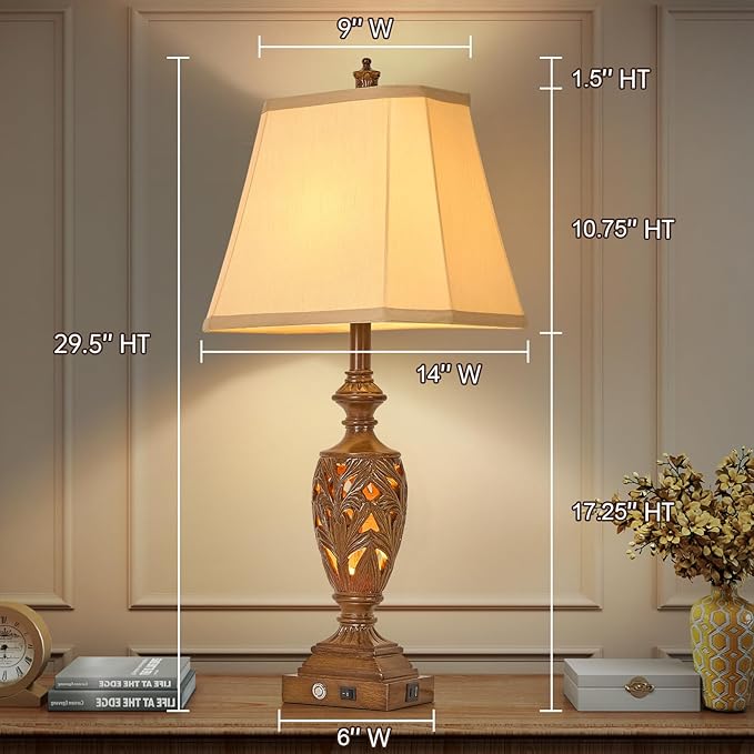 29.5"H Touch Control Traditional Table Lamp with Dual USB Ports, Set of 2, 3-Way Dimmable Hollow