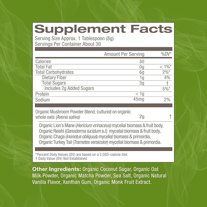 Om Mushroom Superfood Matcha Latte Blend Mushroom Powder, 8.47 Ounce Canister, 30 Servings, Green