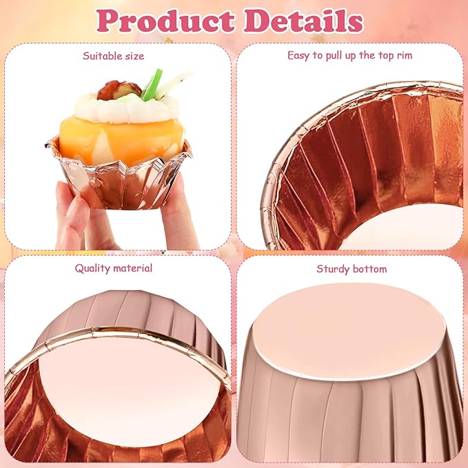 300 Pack Rose Gold Cupcake Liners Bulk Disposable Foil Muffin Cups 3.5 oz Wrappers for Baking