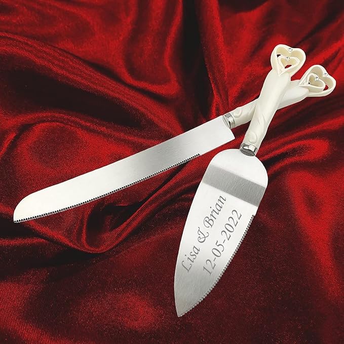 GIFTS INFINITY® Personalized Wedding White Interlock Heart Cake Knife and Server Set Free Engraving