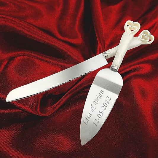 GIFTS INFINITY® Personalized Wedding White Interlock Heart Cake Knife and Server Set Free Engraving