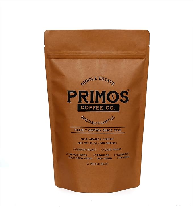 Single Origin Specialty Coffee, Whole Bean, Medium Roast, Direct Trade, Primos Coffee Co, 12 Oz.