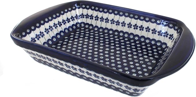 Blue Rose Polish Pottery - Blue Flowering Peacock Rectangular Baker with Handles - 9" x 6.5"