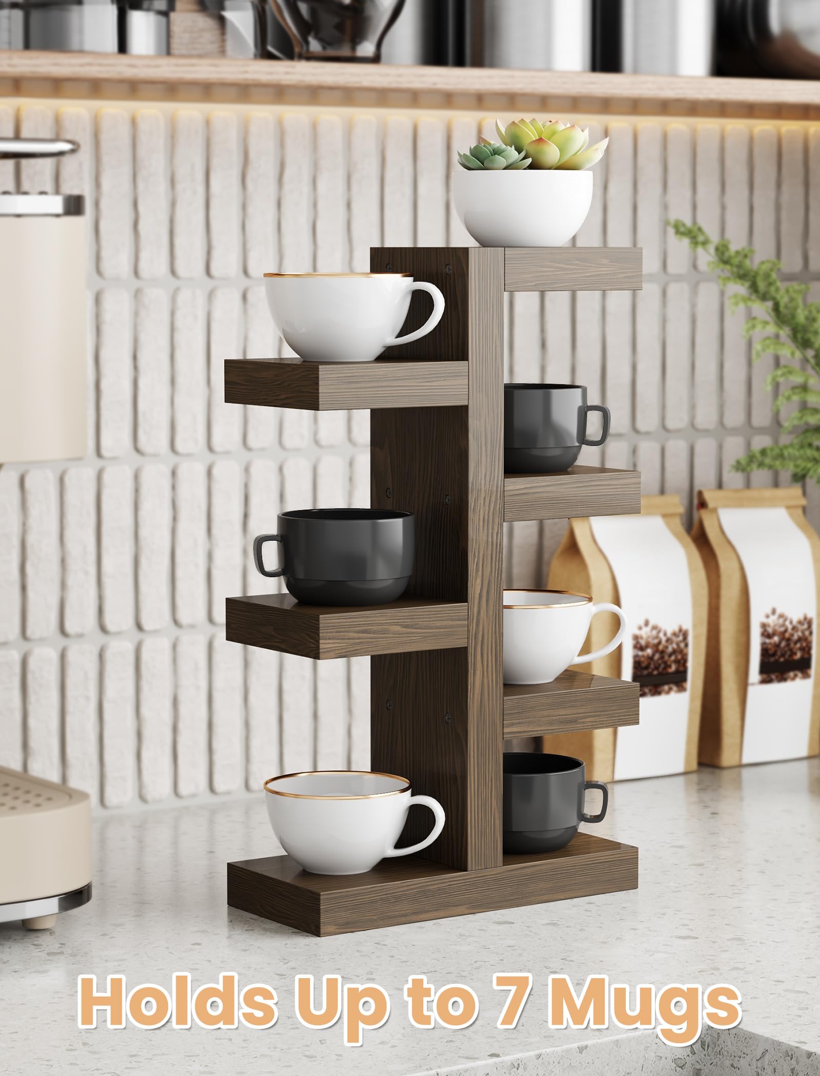NiHome Coffee Mug Holder, Wood Mug Rack, 7 Mugs, Countertop, Vintage