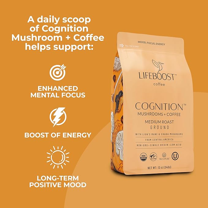 Lifeboost Cognition Adaptogenic Mushroom Coffee - Great Tasting Organic Lions Mane & Chaga Medium