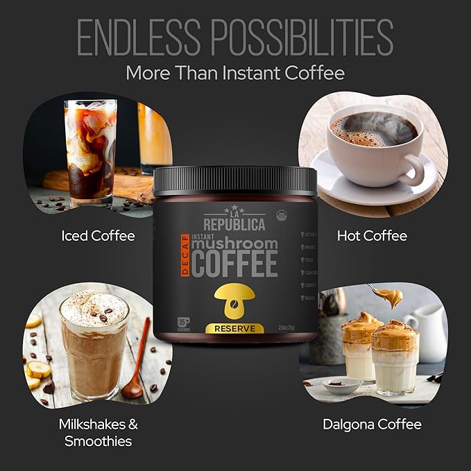 La Republica Founders Reserve Decaf Instant Mushroom Coffee Organic (35 Servings), Premium 50% More