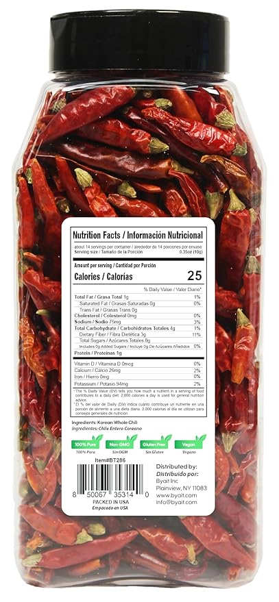 Byait Korean Whole Chili Peppers 5 Oz, Pure Red Chilies for Authentic Korean Cooking, Kimchi