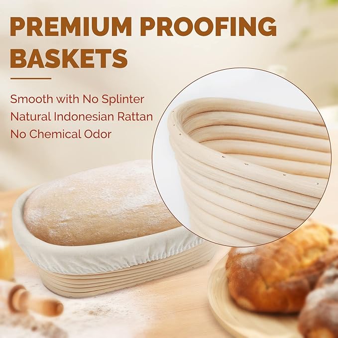 Rorecay Banneton Bread Proofing Baskets Set of 2, 10 Inch Oval Cane Sourdough Bread Rising Basket