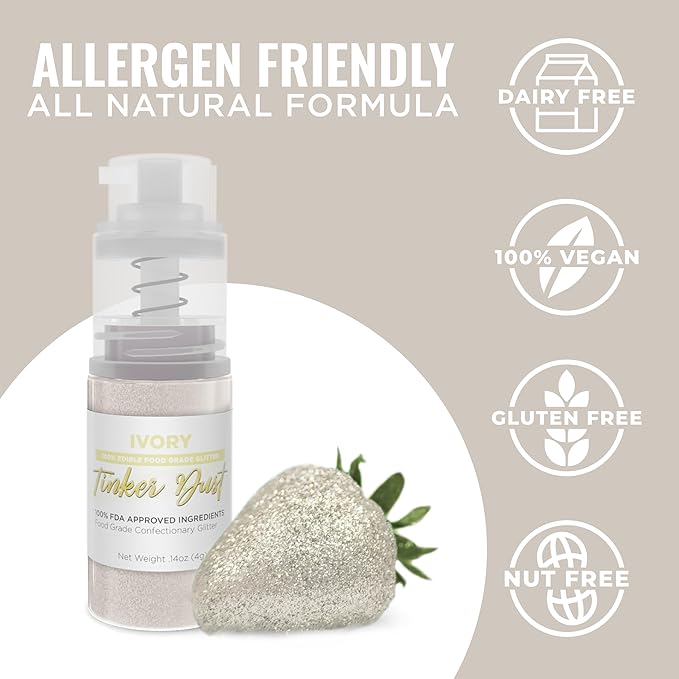 Bakell - Ivory Tinker Dust (4g, 1x Mini Spray Pump) Edible Glitter for Food, Desserts, and