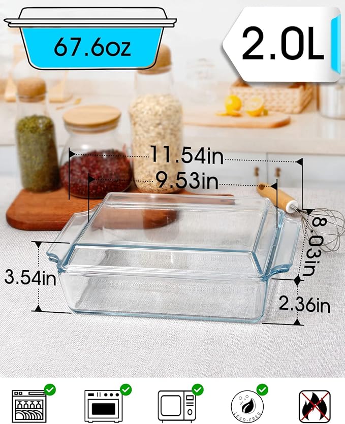 NUTRIUPS 8 x 9.5 Inches Rectangular Glass Casserole Dish With Glass Lid 2 Quart Glass Bakeware