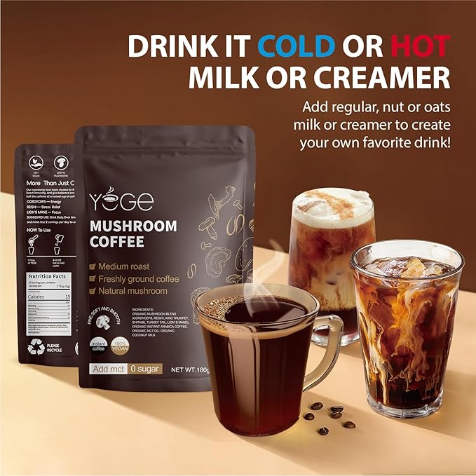 Mushroom Coffee, Instant Organic Mushroom Coffee with Cordyceps, Reish, King Trumpet, Shitake