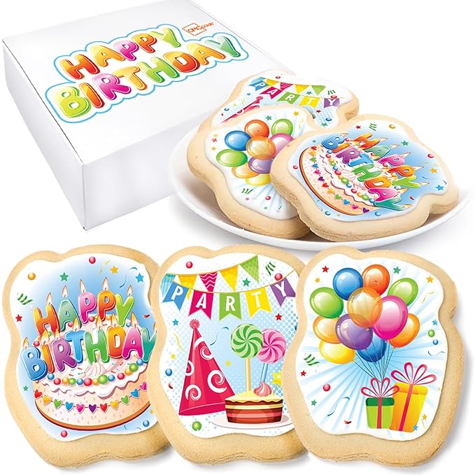 Happy Birthday Cookies Decorated Gift Basket Large 6 pack | Individually Wrapped Sugar Cookie Jumbo