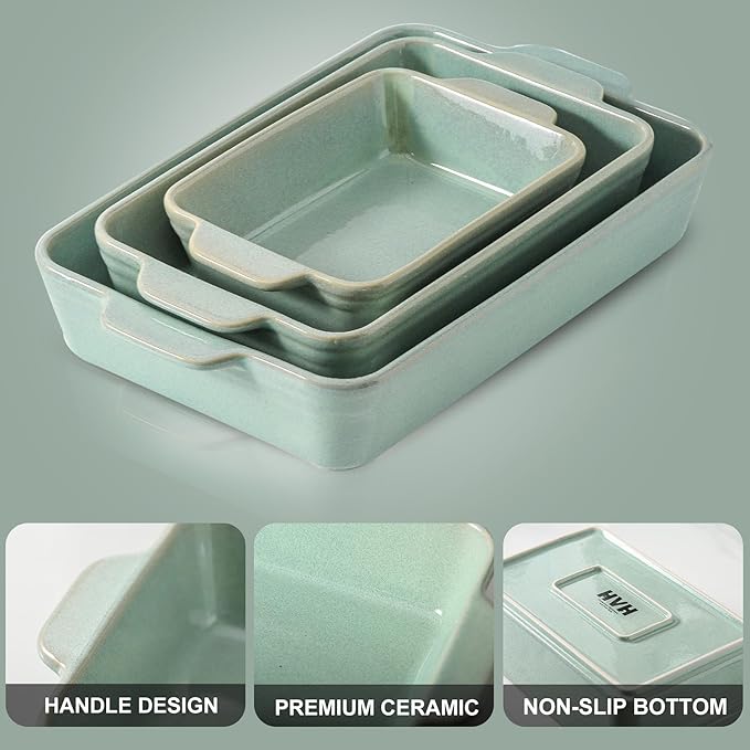 HVH 9x13 Baking Dish Set, Large Casserole Dishes for Oven, Ceramic Bakeware Set of 3, Rectangular