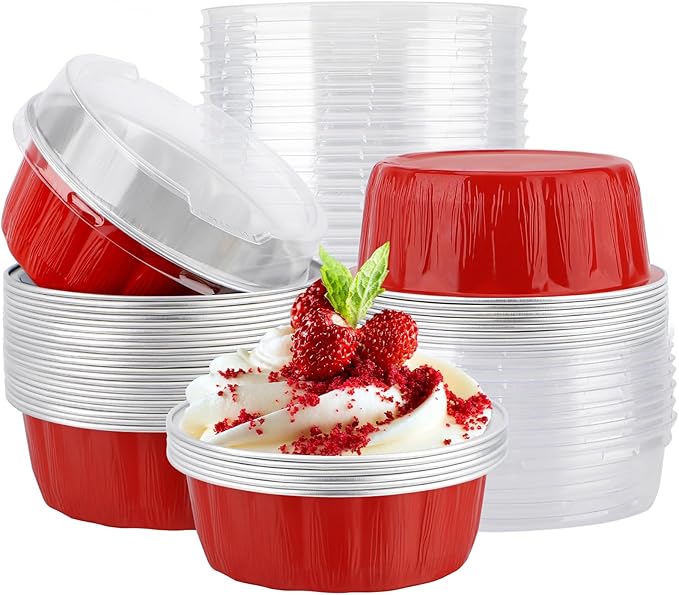 EUSOAR Cake Containers with Lids, 25pcs 9oz Red Disposable Ramekins, Muffin Liners for Baking