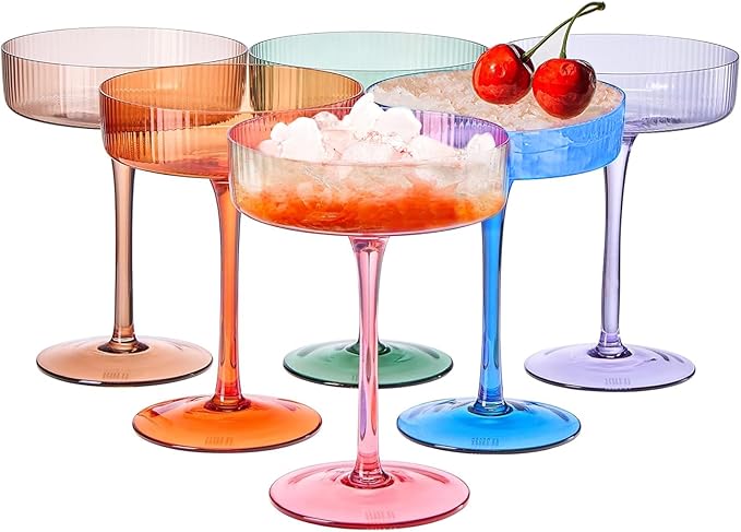 Khen Ribbed Vintage Art Deco Coupe Glasses - Martini, Champagne & Cocktail Ribbed Glasses 8oz |