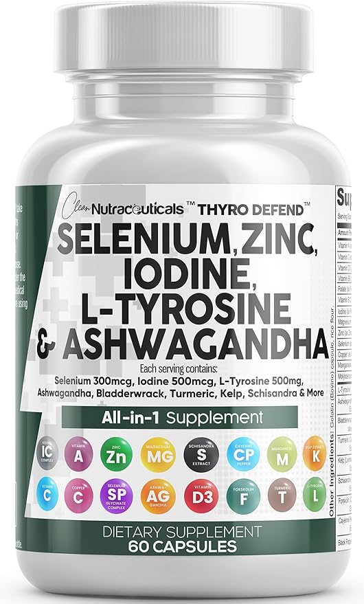 Clean Nutra Selenium 300mcg Iodine 500mcg Thyroid Support for Women & Men | L Tyrosine 500mg