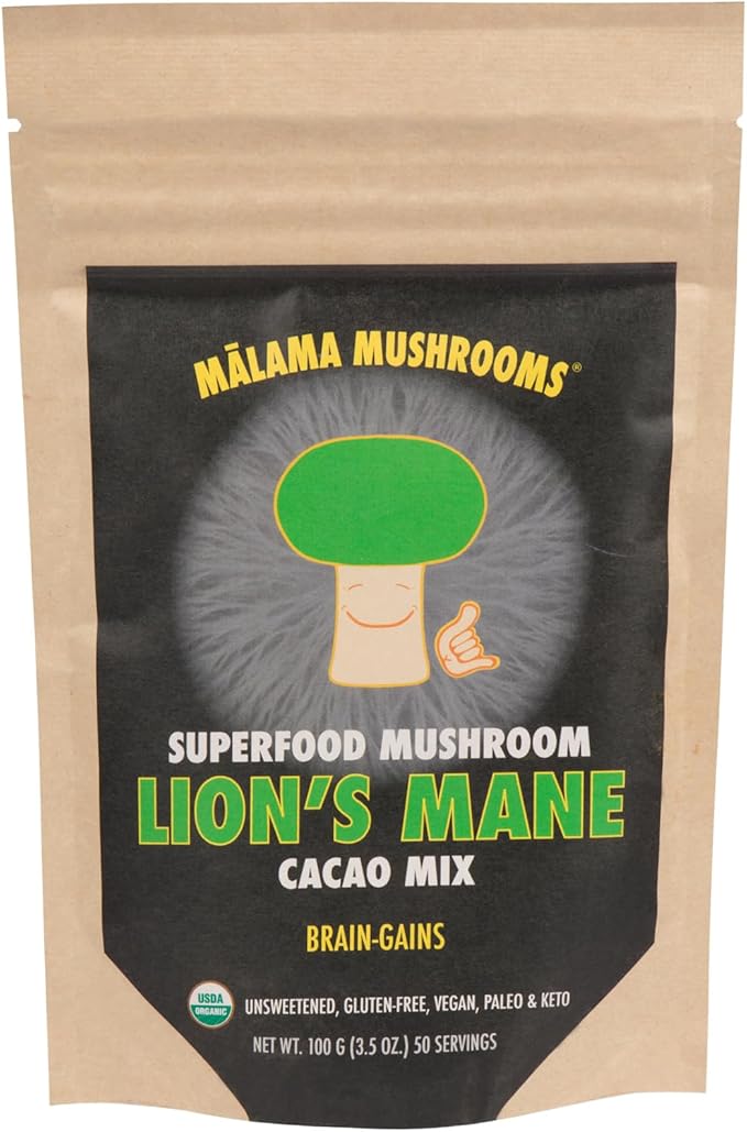 Malama Organic Mushroom Hot Cacao Mix, Lion's Mane Mushroom Powder with Fair Trade Cacao for Focus