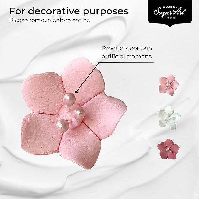 Global Sugar Art Blossom Sugar Cake Flowers with Pearl Stamens, Pink Unwired, 24 Count by Chef Alan