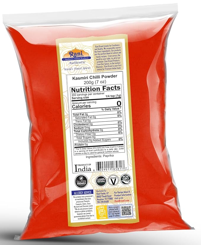 Rani Kashmiri Chilli Powder (Deggi Mirch, Low Heat) Ground Indian Spice 7oz (200g) ~ All Natural