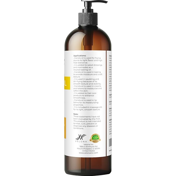velona Canola Seed Oil 8 fl oz | 100% Pure and Natural Carrier Oil | Refined, Expeller pressed |