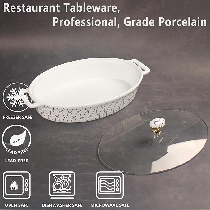insongdafa 11" x 7.5" Ceramic Oval Casserole Dish with Glass Lid, 1.3 QT Serving Soup