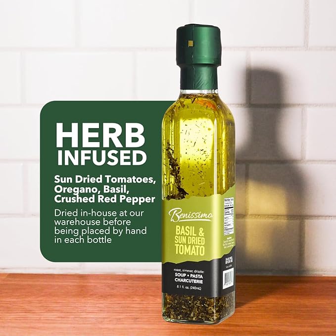 Benissimo Basil and Sun Dried Tomato Herb Infused Oil, All Natural Gourmet Cooking Oil with