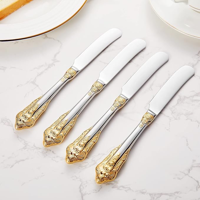 KEAWELL Gorgeous 6.9" Butter Spreader, 18/10 Stainless Steel, Set of 4, Gold Accent Butter Knife